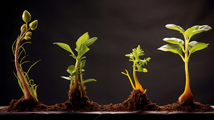 Seedlings growing from the soil, Four green plants sprouting from rich soil against a dark backdrop. - obrazy, fototapety, plakaty