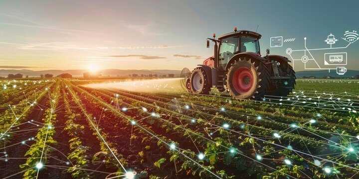Fototapeta Farming in the Digital Age: Advanced Tractor Technology Enhances Precision and Efficiency on a Futuristic Smart Farm, Generative AI