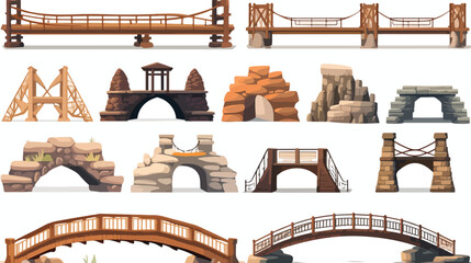 Flat vector set of different bridges. Wooden metal