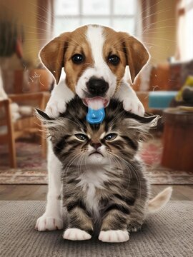 A high-resolution photo of a playful puppy drooling on a frustrated kitten's head. The kitten's eyes are narrowed, and its fur is fluffed up, showing its irritation. 