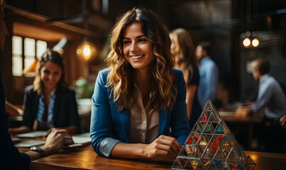 Woman Sitting at Bar With Pyramid - obrazy, fototapety, plakaty