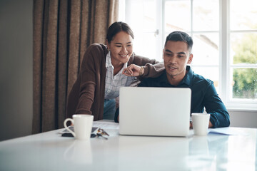 Couple, laptop and smile with budget in kitchen for savings, investment tips and mortgage...