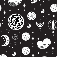 Seamless neo folk patterns with moon, cloud, sun and stars, black and white celestial design. Set Neo folk style endless backgrounds perfect for textile design. - obrazy, fototapety, plakaty