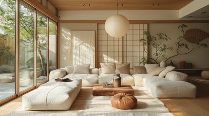 Modern Japanese-style Living Room with Natural Light - obrazy, fototapety, plakaty