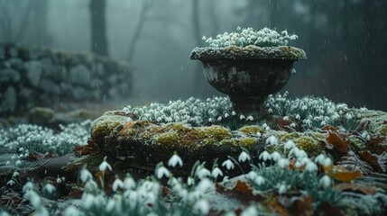   A moss-covered planter atop a snow-covered ground, adjacent to a forest teeming with tree-filled depths