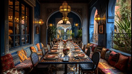 Fototapeta na wymiar Moroccan-Inspired Dining Room Interior with Ornate Decor