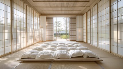 Traditional Japanese Room with Futon on Tatami Mat and Shoji Sliding Doors