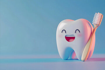 3d cartoon tooth smiling and holding a brush on a blue background. concept banner template about oral hygiene, advertising dental services for kids, toothpaste for cleaning teeth with space for text