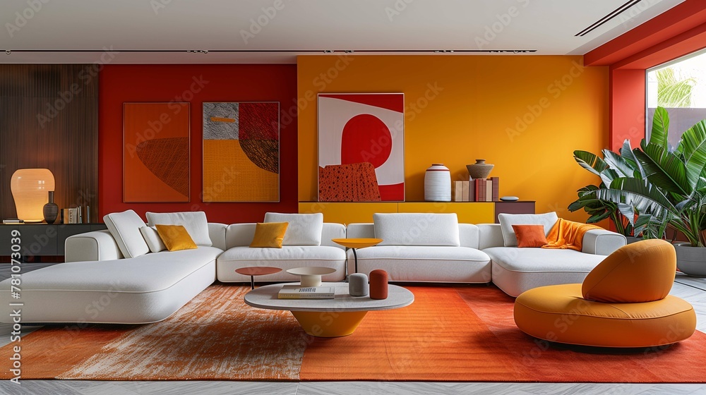 Canvas Prints Modern Living Room Interior with Vibrant Orange Accents