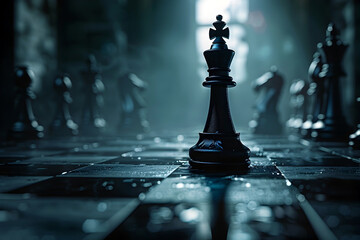 Midnight Tactical Chess Navigating Obsidian Deception Under the Cloak of Darkness - obrazy, fototapety, plakaty