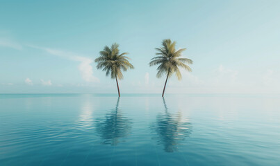 Fototapeta na wymiar A serene tropical island with palm trees, clear blue water and an infinity pool