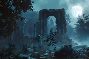 Moonlit Forest Shrouded in Ethereal Mist Revealing Captivating Holographic Ruins in Cinematic Splendor - obrazy, fototapety, plakaty
