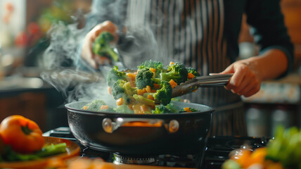 cook stews broccoli in a frying pan. the food is cooked in a frying pan. cooking healthy food at home - obrazy, fototapety, plakaty