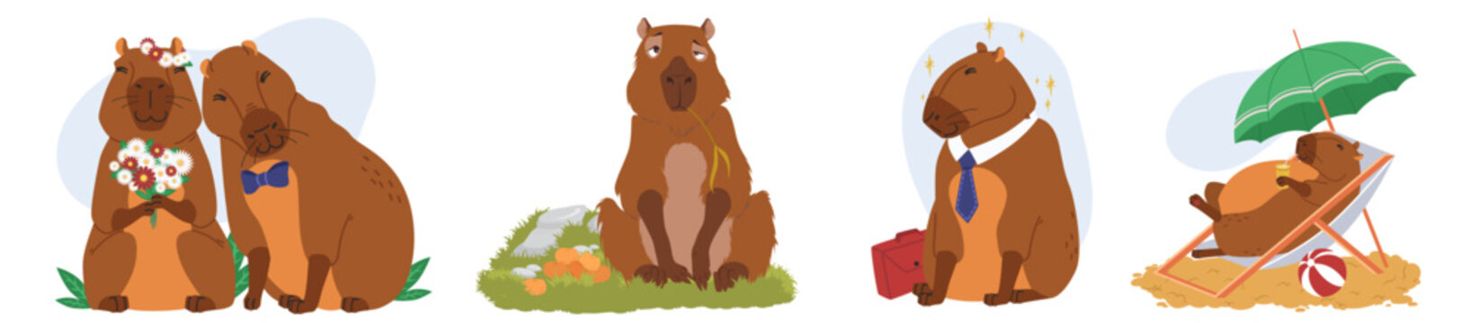 Cute capybara characters daily routine lovely stickers set
