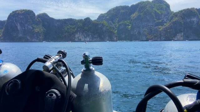 Boat sailing in Thailand with dive equipment prepared