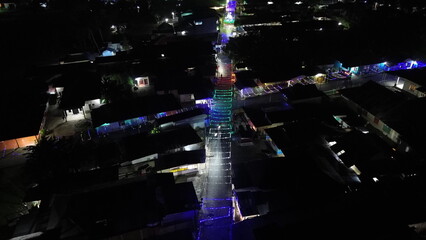 aerial view of Colorful light show in the city at night
