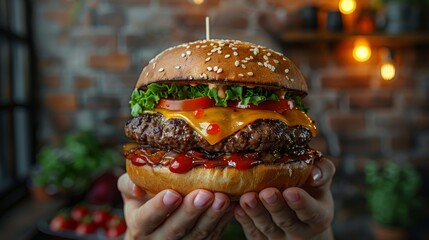   A hand holds a cheeseburger with a toothpick inserted through its bun's top