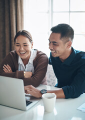 Couple, laptop and happy with budgeting in kitchen for savings profit, debt review or good credit score. Documents, asian people and tech with smile for mortgage payment, insurance policy and finance