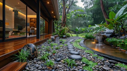 Modern Home Exterior with Zen Garden and Water Feature