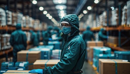 Fototapeta premium Engineer wearing protective suit and mask working in warehouse