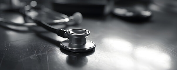 The stethoscope lies on the table, close-up. Concept template for advertising medical centers, heart checks, promotions in hospitals with space for text.