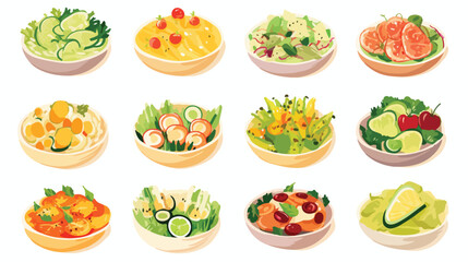 Flat vector set of vegetable and fruit salads. Appe
