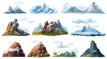 Flat vector set with mountains volcano and icebergs - obrazy, fototapety, plakaty