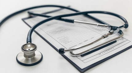 A stethoscope is on top of a medical record. The stethoscope is blue and silver
