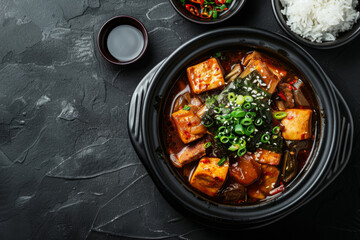 Top view Asian food with spice and herbs gourmet in black plate on dark stone marble table background.