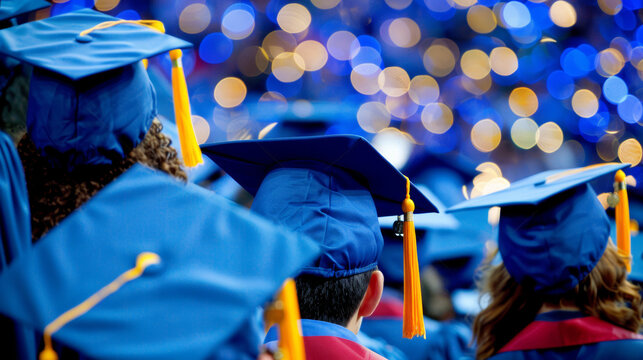 A group of graduates are wearing their caps and gowns, with the blue caps having yellow tassels. Scene is celebratory and proud, as the graduates are about to receive their diplomas