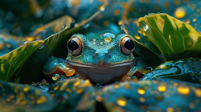   A frog in close-up, its face speckled with water droplets, surrounded by a backdrop of a verdant green leaf