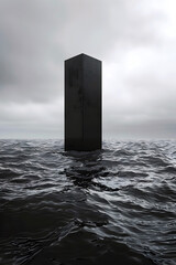 Solitary Monolith Submerged in Turbulent Waters Ominous Architectural Abstraction
