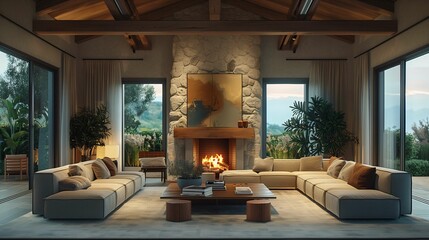 Modern Living Room with Fireplace and Mountain View