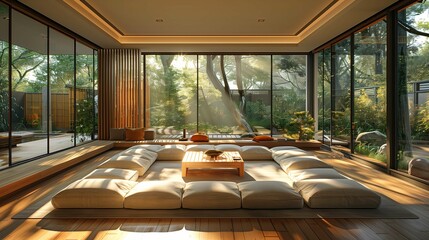 Modern Sunlit Living Room with Forest View