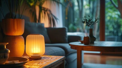 Cozy Living Room Interior with Warm Table Lamp and Plants