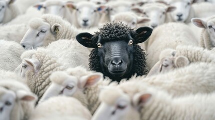 A black sheep among a flock of white sheep, Concept of standing out from the crowd.