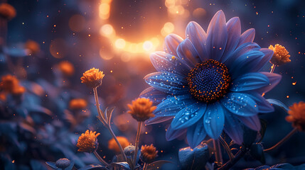 a blue flower is shown against a solar eclipse background, in the style of bold color scheme - obrazy, fototapety, plakaty