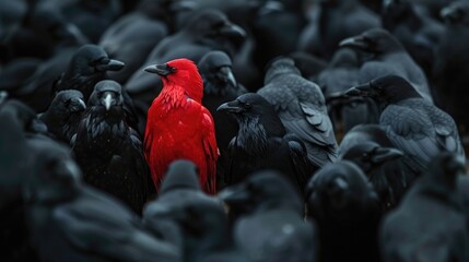 A red crow among a flock of black crows, Concept of standing out from the crowd.
