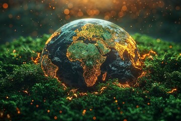 A digitally rendered globe set against a fiery landscape conveys urgency and the impact of global warming