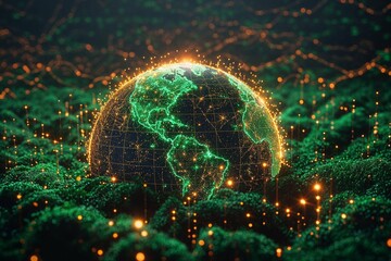 A high-tech digital representation of planet Earth glowing with a network pattern on a dark data grid background