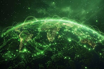An enchanting image that captures Earth wrapped in green energy network lines against the vast, starry night sky
