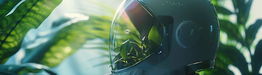 A hospital exhibition contrasts the hardness of martensite in a clear helmet with the softness of plants under a grow light, symbolizing hope and recovery , minimalist, close-up, 8K - obrazy, fototapety, plakaty