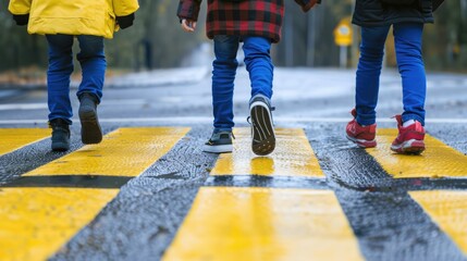 Close up of school kids walking to school crossing the road at a pedestrian crossing.