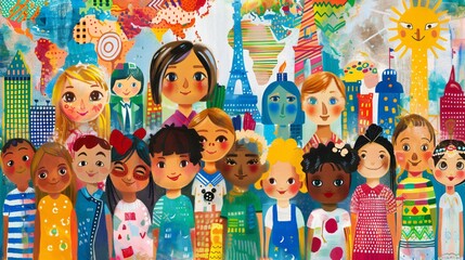 Colorful illustration of animated diverse children in front of whimsical drawings of famous global landmarks.