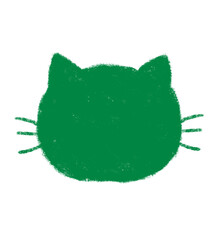 前を向いている猫の顔のシルエット　ヒゲ付　クレヨンタッチ　緑