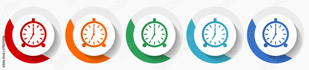 Poster Alarm clock vector icon set, flat icons for logo design, webdesign and mobile applications, colorful round buttons