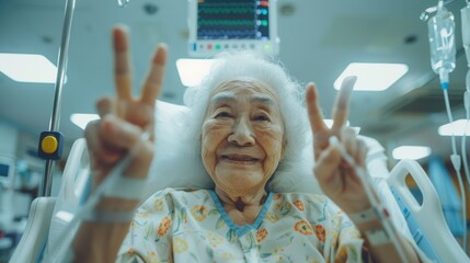 With a smile spreading across her face, the elderly Asian woman sits comfortably on the patient bed, proudly displaying a V sign