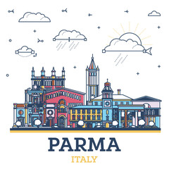 Outline Parma Italy City Skyline with Colored Historic Buildings Isolated on White. Parma Cityscape with Landmarks.