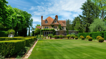 Fototapeta na wymiar Elegant house with English garden in sunlit landscape.