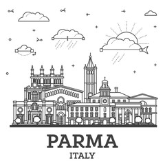 Outline Parma Italy City Skyline with Historic Buildings Isolated on White. Parma Cityscape with Landmarks.